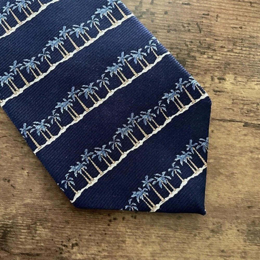 Tommy Bahama Mens Tie Navy Blue Palm Tree Beach Stripe Silk USA Made Necktie